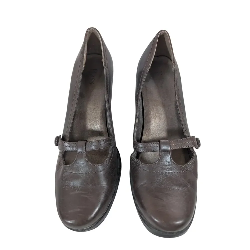 BASS! FAB ESPRESSO BROWN GENUINE LEATHER MARY JANE STYLE STACKED HEELS! SZ 7M
